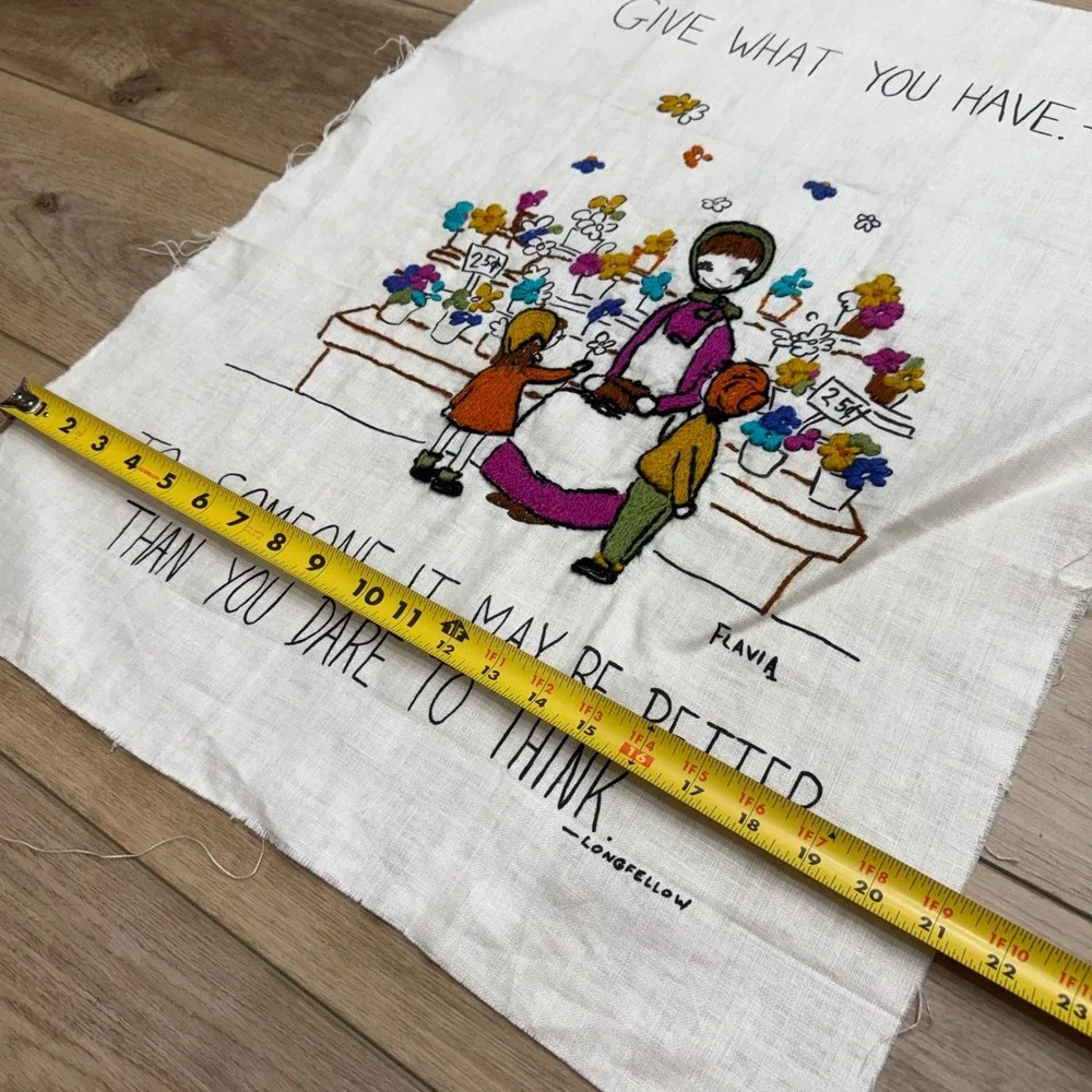 Vintage Flavia Weedn Hand Embroidered Linen Longfellow Quote Flower Market Art